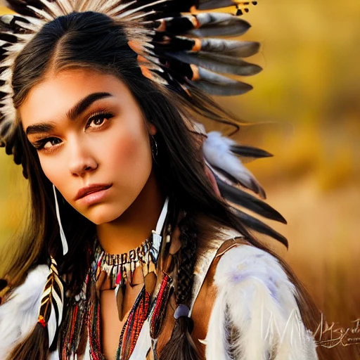 mdjrny-v4 style portrait photograph of Madison Beer as Pocahontas, young beautiful native american woman, perfect symmetrical face, feather jewelry, traditional handmade dress, armed female hunter warrior, (((wild west))) environment, Utah landscape, ultra realistic, concept art, elegant, ((intricate)), ((highly detailed)), depth of field, ((professionally color graded)), 8k, art by artgerm and greg rutkowski and alphonse mucha