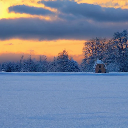 Realistic photo landscape snowy, frosted with a small house in the distance under the sunset