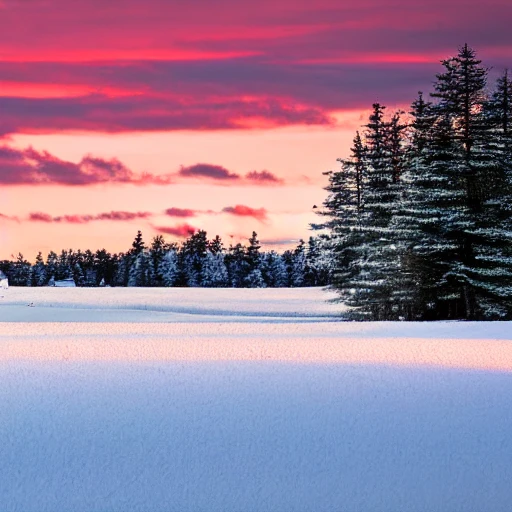 Realistic photo landscape snowy, frosted with a small house in the distance under the sunset