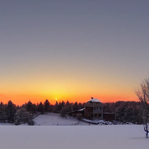 Snowy panoramic realistic photo landscape, frosted with a small house in the distance under the sunset