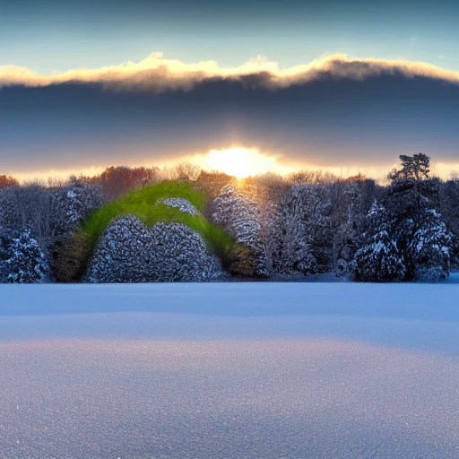 winter panoramic realistic photo landscape, frosted with a small house in the distance under the sunset