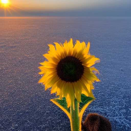 A sunflower in the middle of a frozen lake and frosted at sunrise