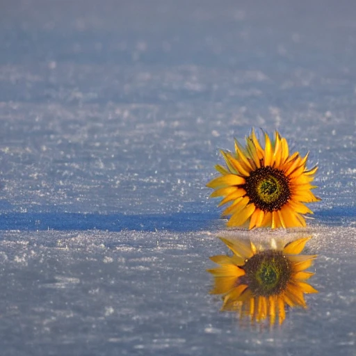 A sunflower in the middle of a frozen lake and frosted at sunrise