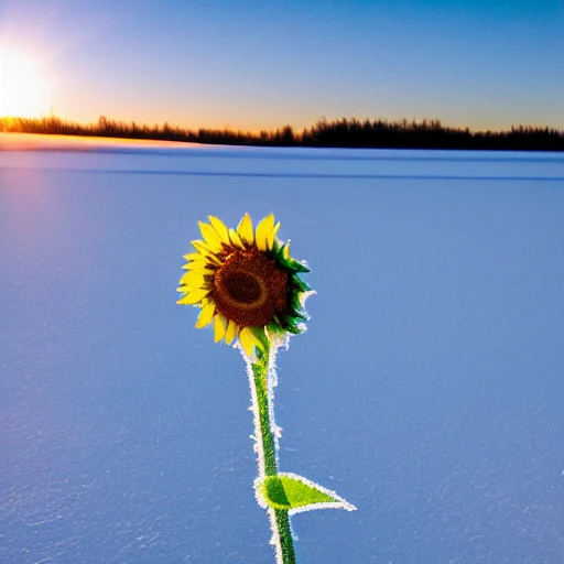 A sunflower in the middle of a frozen lake and frosted at sunrise