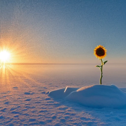 A sunflower in the middle of a frozen lake and frosted at sunrise Leaning towards a person sitting on his back