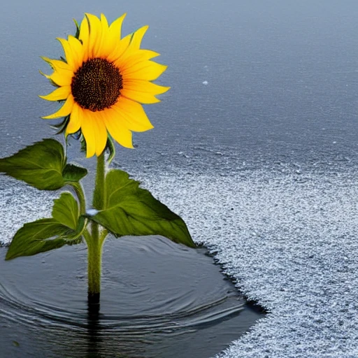 A sunflower in the middle of a frozen lake and frosted at sunrise Leaning towards a person sitting on his back Hyperrealistic photo