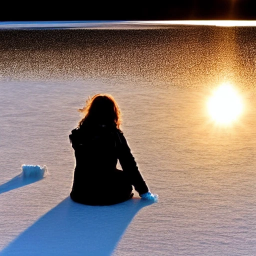 Hyperealist photograph of a woman sitting on a frozen lake with a sunflower next to her and leaning towards her in an atmosphere of sunrise on a frozen and frosty lake