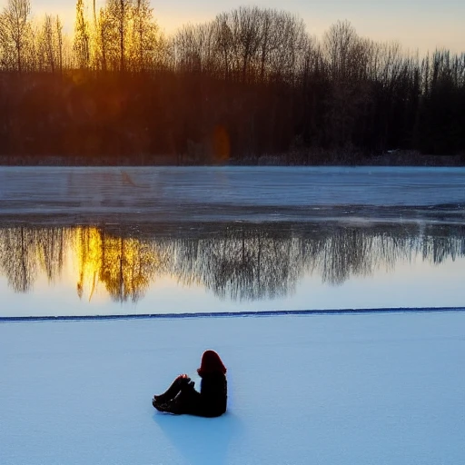 Hyperealist photograph of a woman sitting on a frozen lake with a sunflower next to her and leaning towards her in an atmosphere of sunrise on a frozen and frosty lake