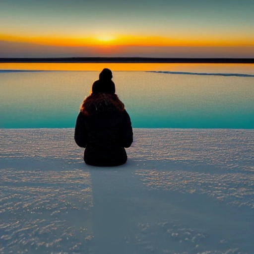 Hyperealist photograph of a woman sitting on a frozen lake with a sunflower next to her and leaning towards her in an atmosphere of sunrise on a frozen and frosty lake