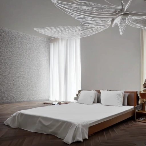 A small fan in the middle of a large luxury room blowing and flying sheets of paper on the floor with a luxurious and minimalist atmosphere