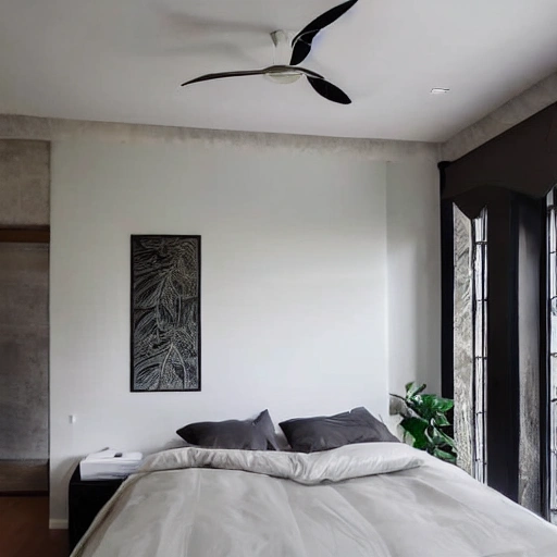 A small fan in the middle of a large luxury room blowing and flying sheets of paper on the floor with a luxurious and minimalist atmosphere The leaves fly in the room