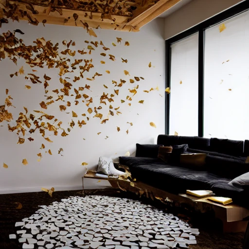 A small fan in the middle of a large luxury room blowing and flying sheets of paper on the floor with a luxurious and minimalist atmosphere The leaves fly in the room