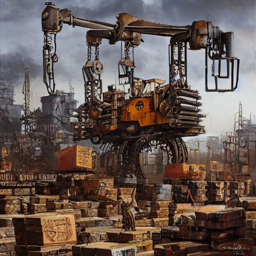 Steampunk detailed hydraulic claw cranes lifting heavy parts with huge pincer claws in Steampunk modern iron scrap yard, aisles, some detailed bobcats working and few detailed forklifts working. Steampunk modern iron scrap yard with many stacks of cubic iron bales and many piles of stacked scrap engines, Greg Rutkowski, Zabrocki, Karlkka, 3D, Oil Painting