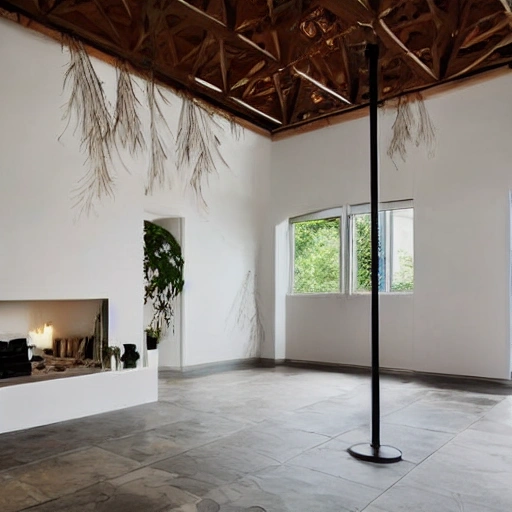 A small fan in the middle of a large room blowing and flying sheets of paper on the floor with a luxurious and minimalist atmosphere The leaves fly in the room