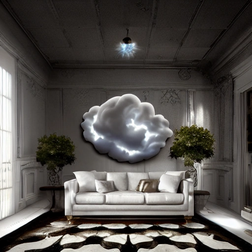 Realistic cloud in the middle of a beautiful room with surreal atmosphere