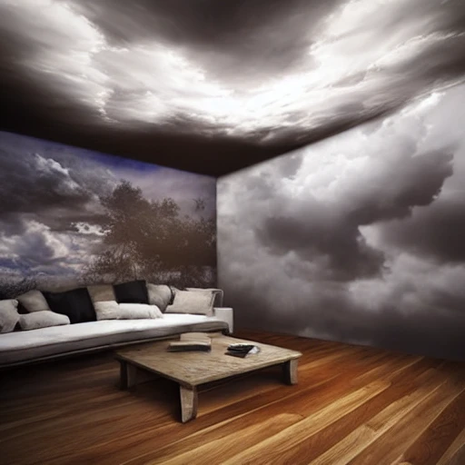 Realistic cloud in the middle of a beautiful room with surreal atmosphere