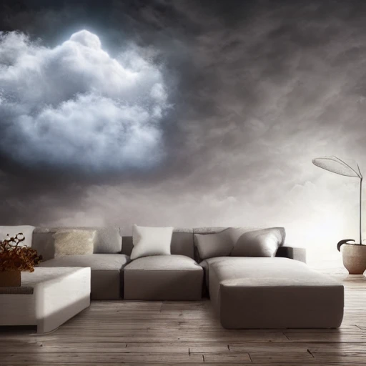 Realistic cloud in the middle of a beautiful room with surreal atmosphere