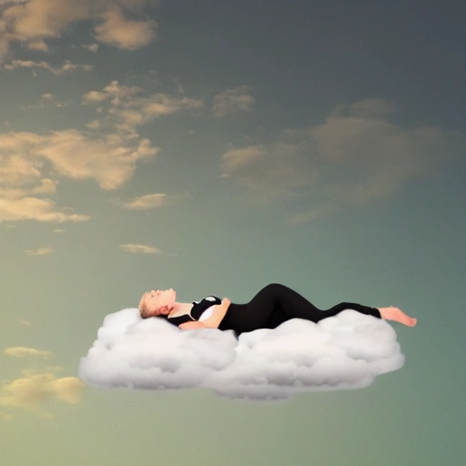 Realistic Woman lying in levitation on a cloud in the middle of a beautiful room with surreal atmosphere