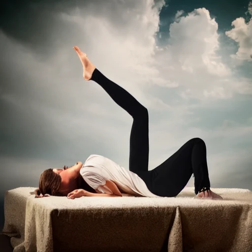 Realistic Woman lying in levitation on a cloud in the middle of a beautiful room with surreal atmosphere