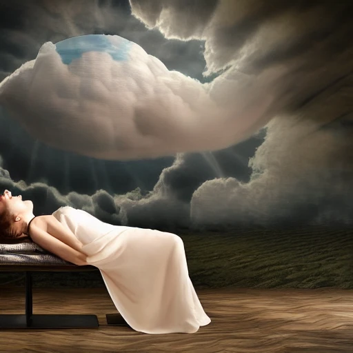 Realistic Woman lying in levitation on a cloud in the middle of a beautiful room with surreal atmosphere