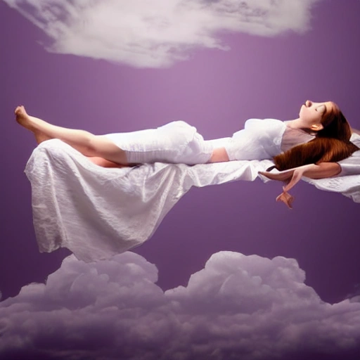 Realistic Woman lying in levitation on a cloud in the middle of a beautiful room with surreal atmosphere