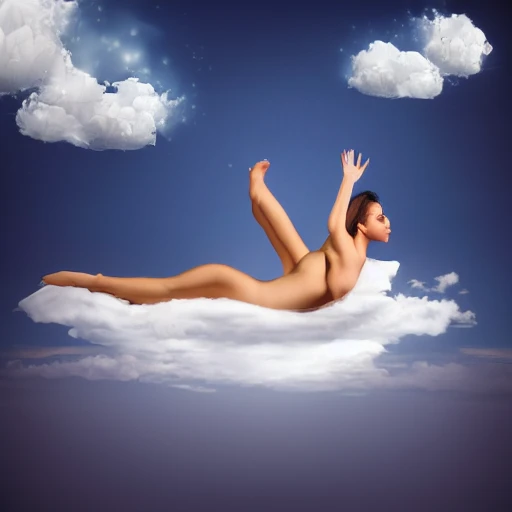 Realistic Woman lying in levitation on a cloud in the middle of a beautiful room with surreal atmosphere