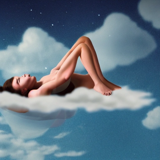 Realistic Woman lying in levitation on a cloud in the middle of a beautiful room with surreal atmosphere