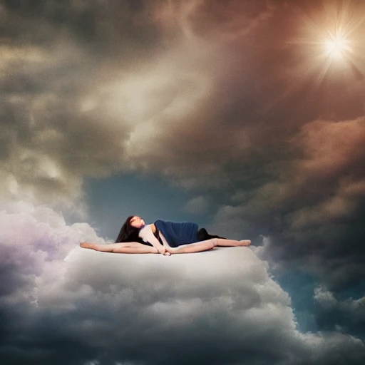 Realistic Woman lying in levitation on a cloud in the middle of a beautiful room with surreal atmosphere