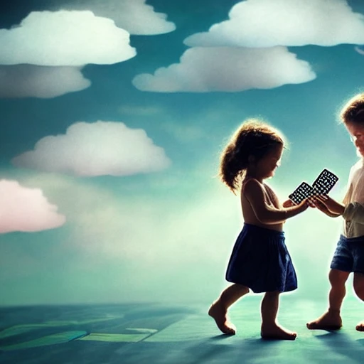 Photorealistic of two children playing cards on a cloud in the middle of a beautiful room with surreal atmosphere