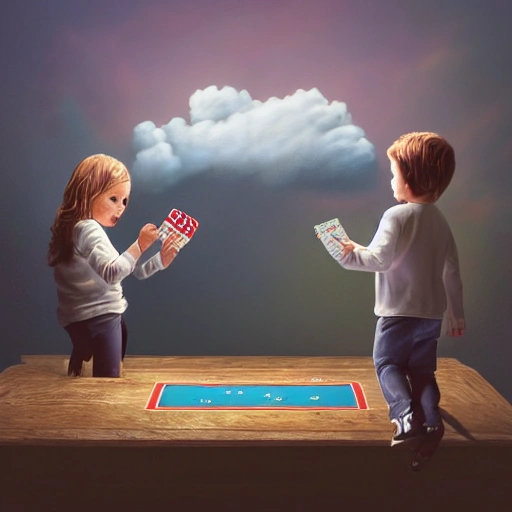 Photorealistic of two children playing cards on a cloud in the middle of a beautiful room with surreal atmosphere