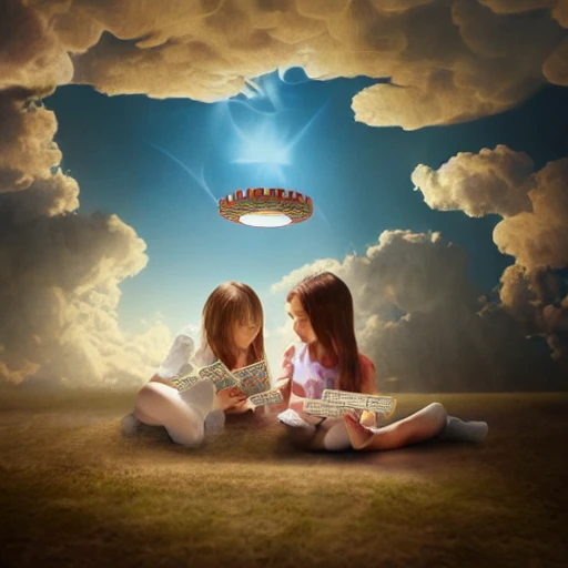 Photorealistic of two children playing cards on a cloud in the middle of a beautiful room with surreal atmosphere