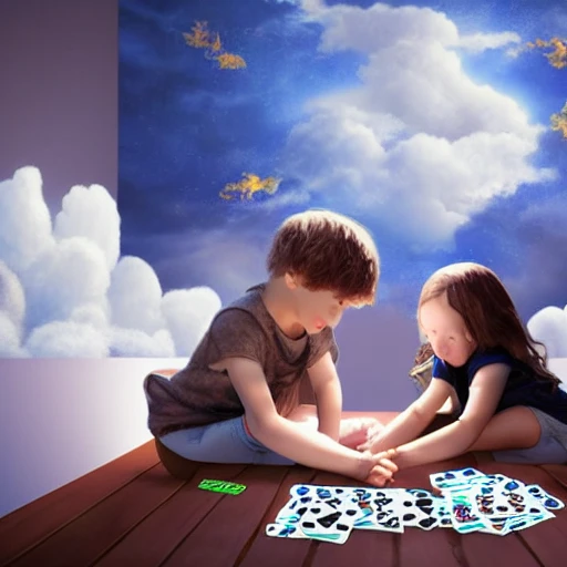 Photorealistic of two children playing cards on a cloud in the middle of a beautiful room with surreal atmosphere