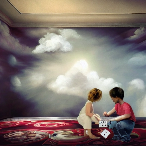 Photorealistic of two children playing cards on a cloud in the middle of a beautiful room with surreal atmosphere