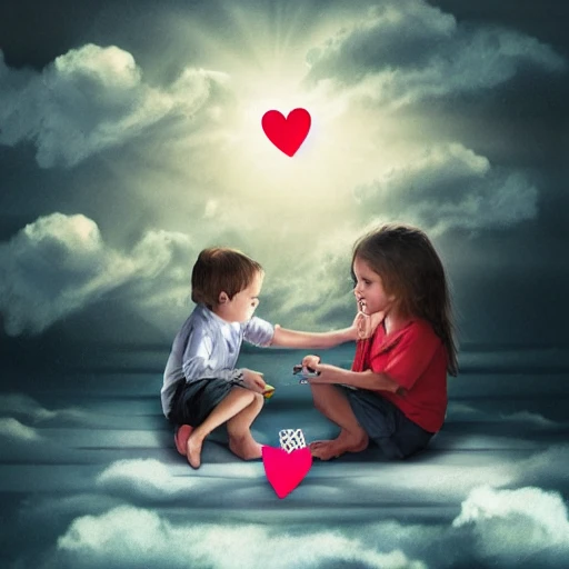 Photorealistic of two children playing cards on a cloud in the middle of a beautiful room with surreal atmosphere