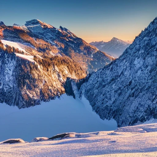 paysage givré de montagnes Suisse enneigées au couché du soleil