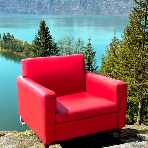 un fauteuil rouge au milieu d'un lac givré