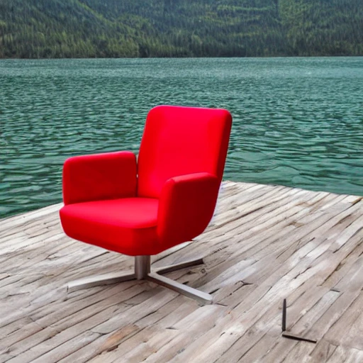 un fauteuil rouge sur un lac givré