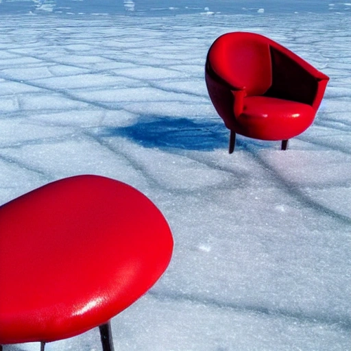 un fauteuil rouge pris dans la glace sur un lac givré