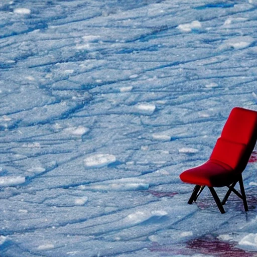 un fauteuil rouge pris dans la glace sur un lac givré