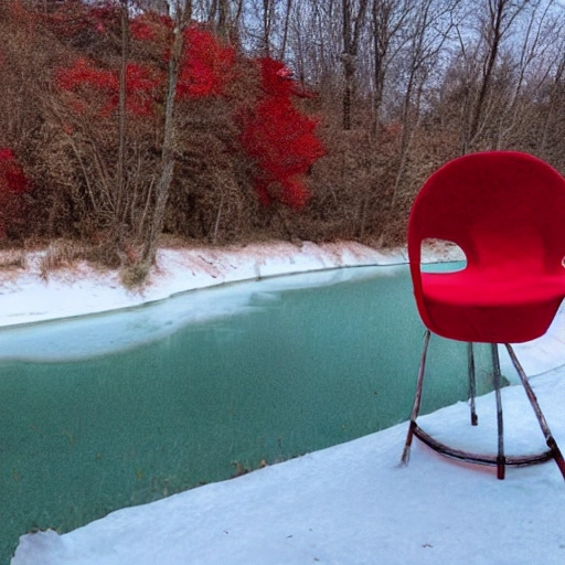 un fauteuil rouge pris dans la glace sur un lac givré