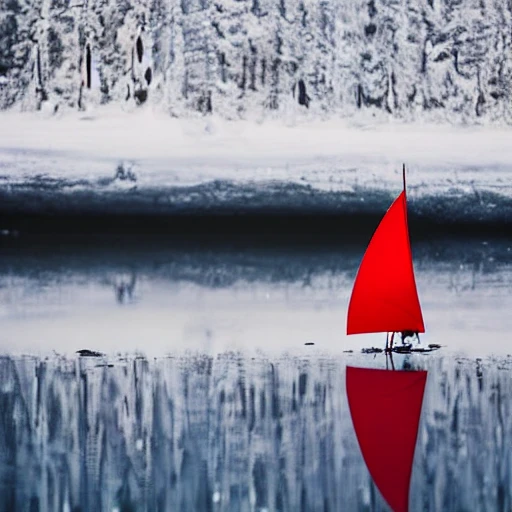 A large red sail flies over a candle on a frozen lake