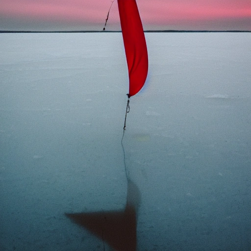 A large red sail flies over a candle on a frozen lake