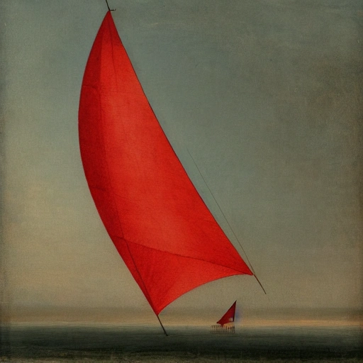 A large red sail flies over a candle on a frozen lake