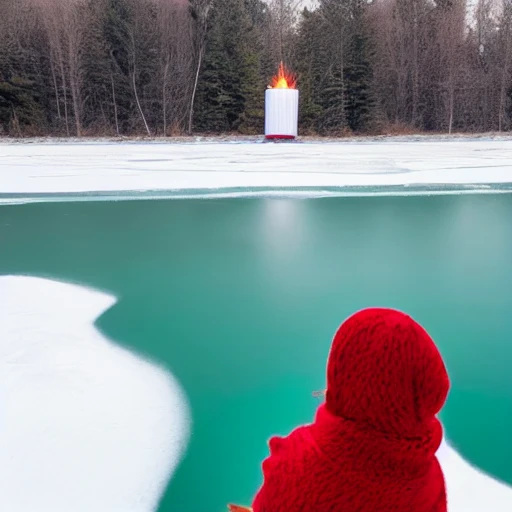 A large red scarf flies over a candle on a frozen lake