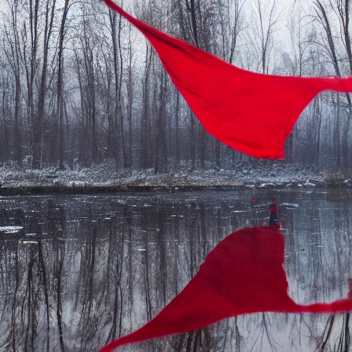 A large red scarf flies over a candle on a frozen lake