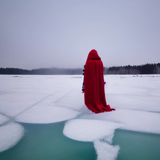 A large red scarf flies over a candle on a frozen lake