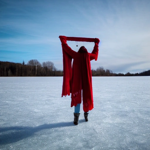 A large red scarf flies over a candle on a frozen lake