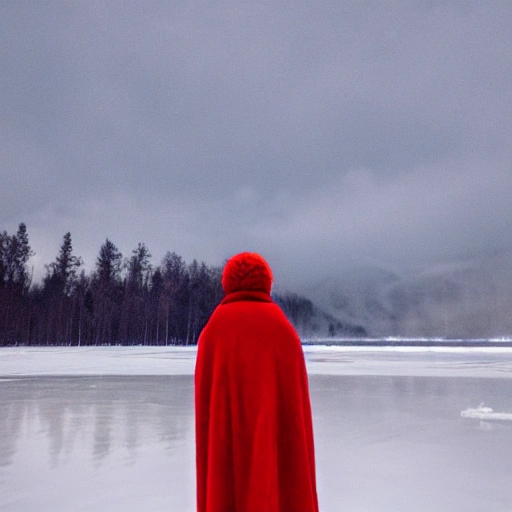 A large red scarf flies over a candle on a frozen lake