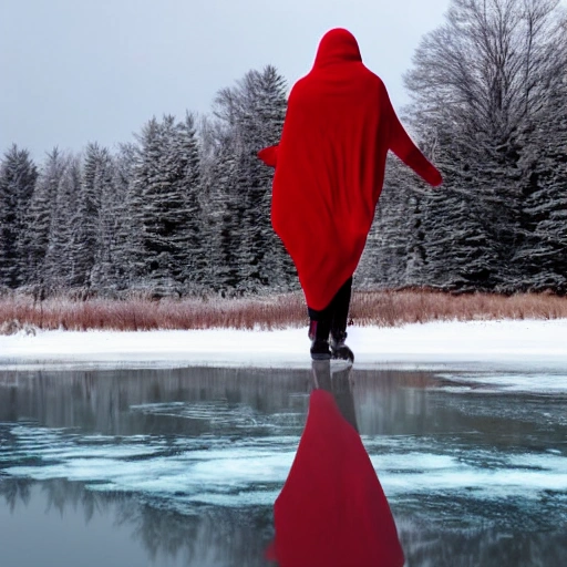 A large red scarf flies over a candle on a frozen lake