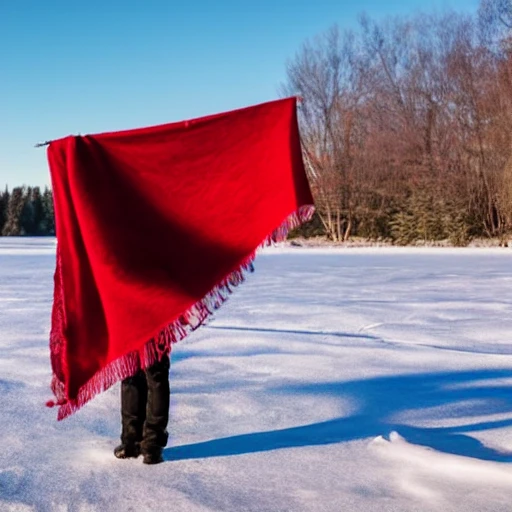 A large red scarf flies over a candle on a frozen lake